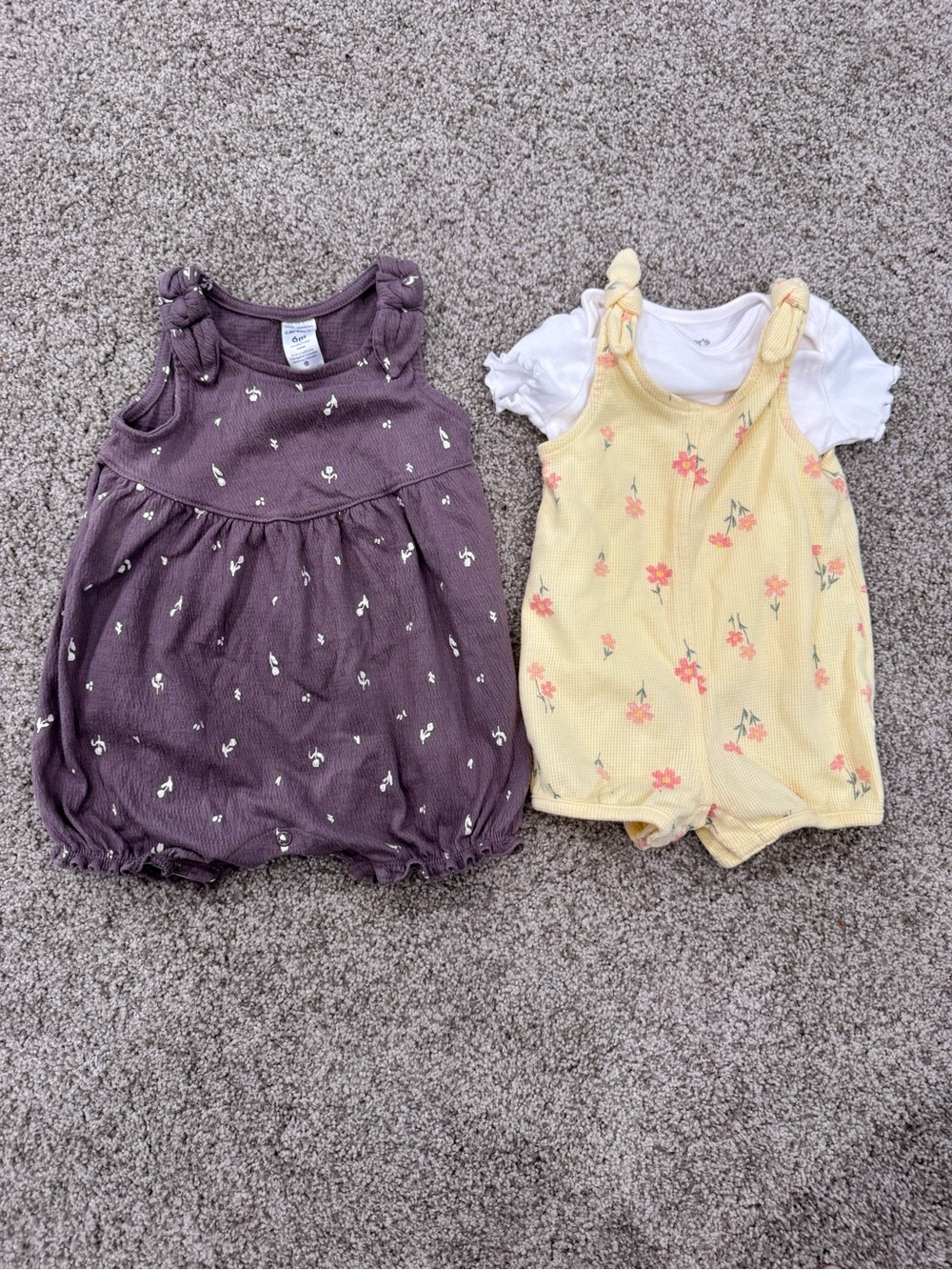 Purple Floral Bubble Romper & Yellow Floral Tie-Shoulder Romper Set